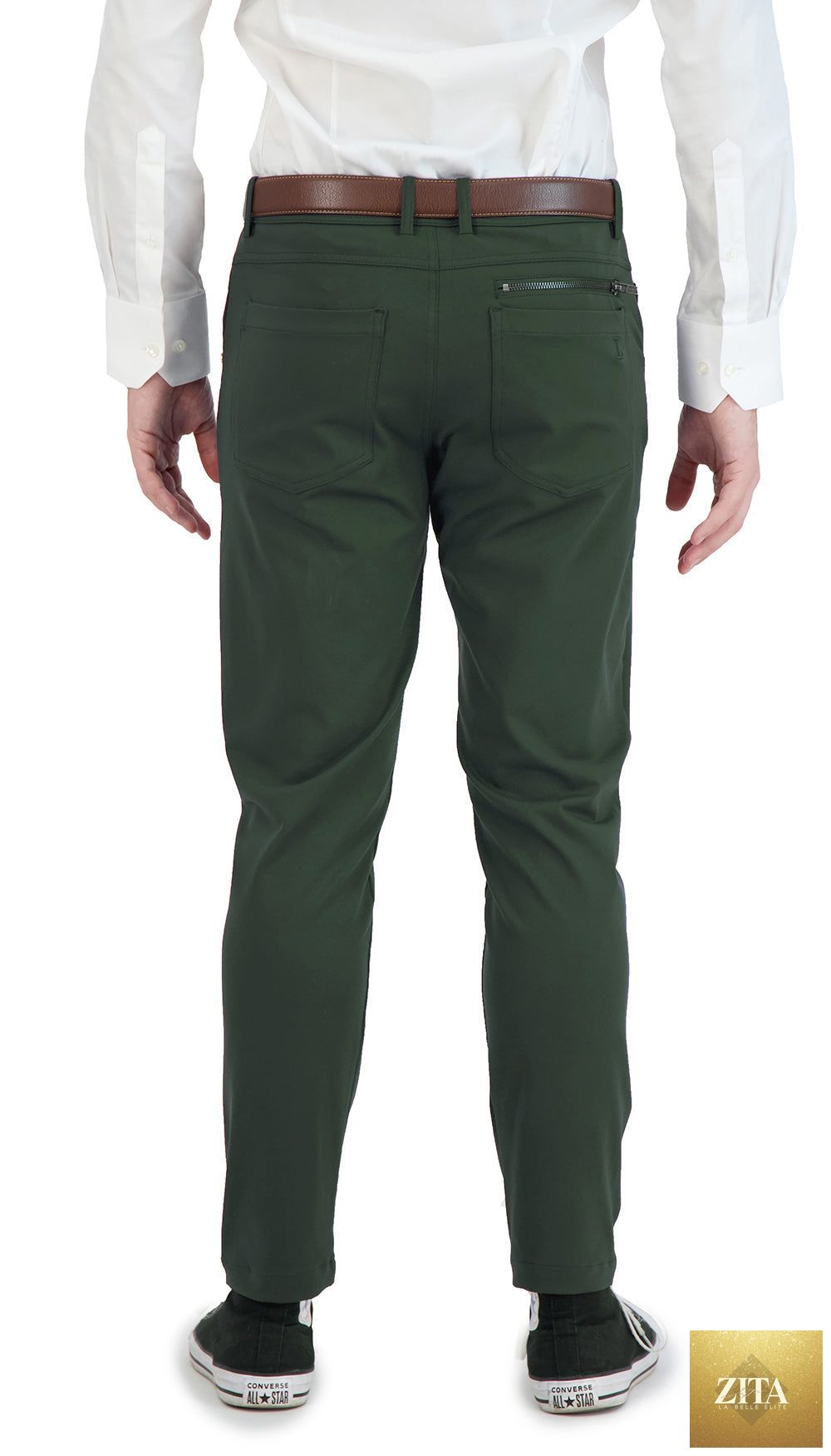 Olive men's stretch chino pants from LEVINAS® Official's casual performance collection, featuring a slim fit and comfortable fabric.