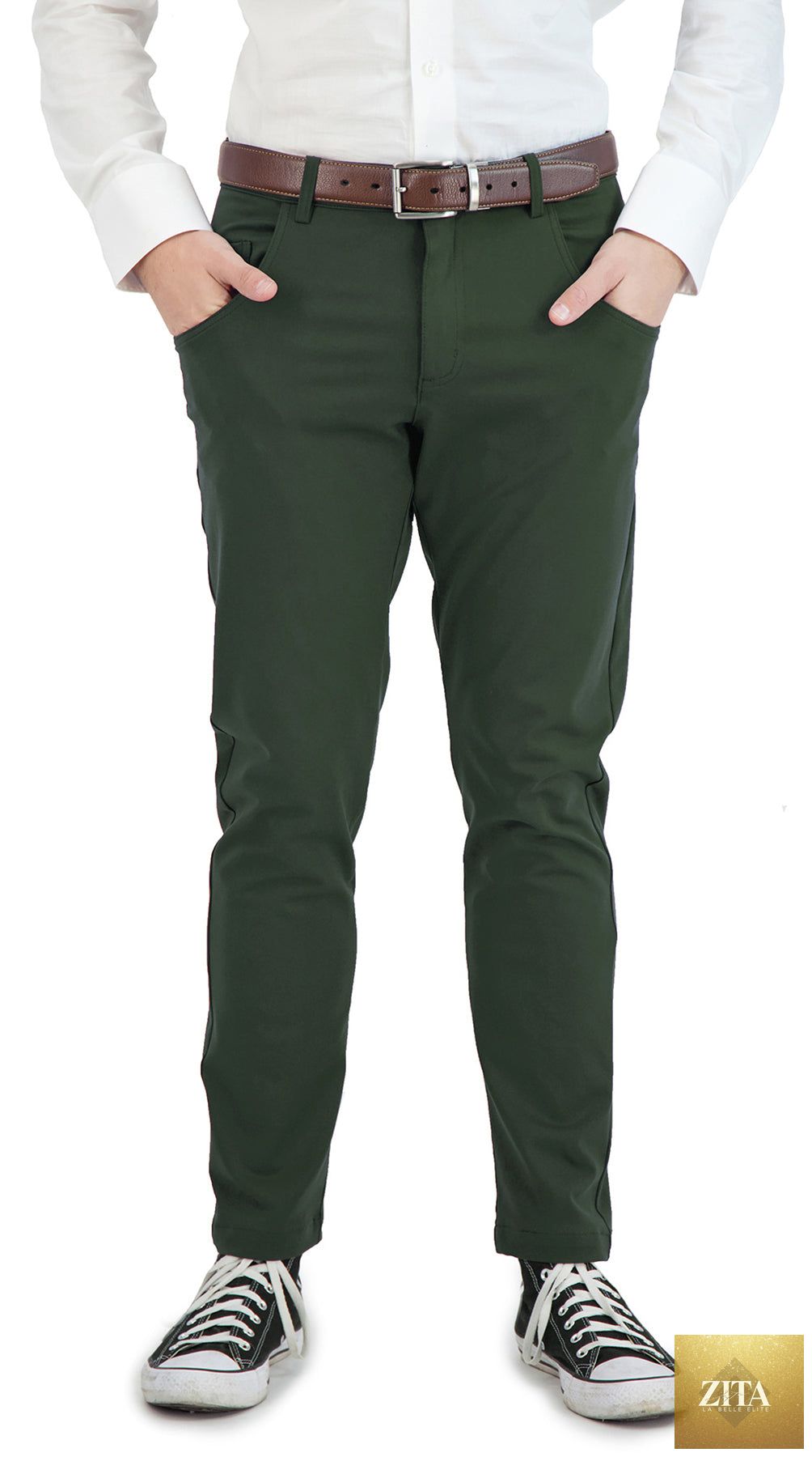 Olive men's casual stretch chinos from LEVINAS® Performance Collection, showing the comfortable fit and sleek design.