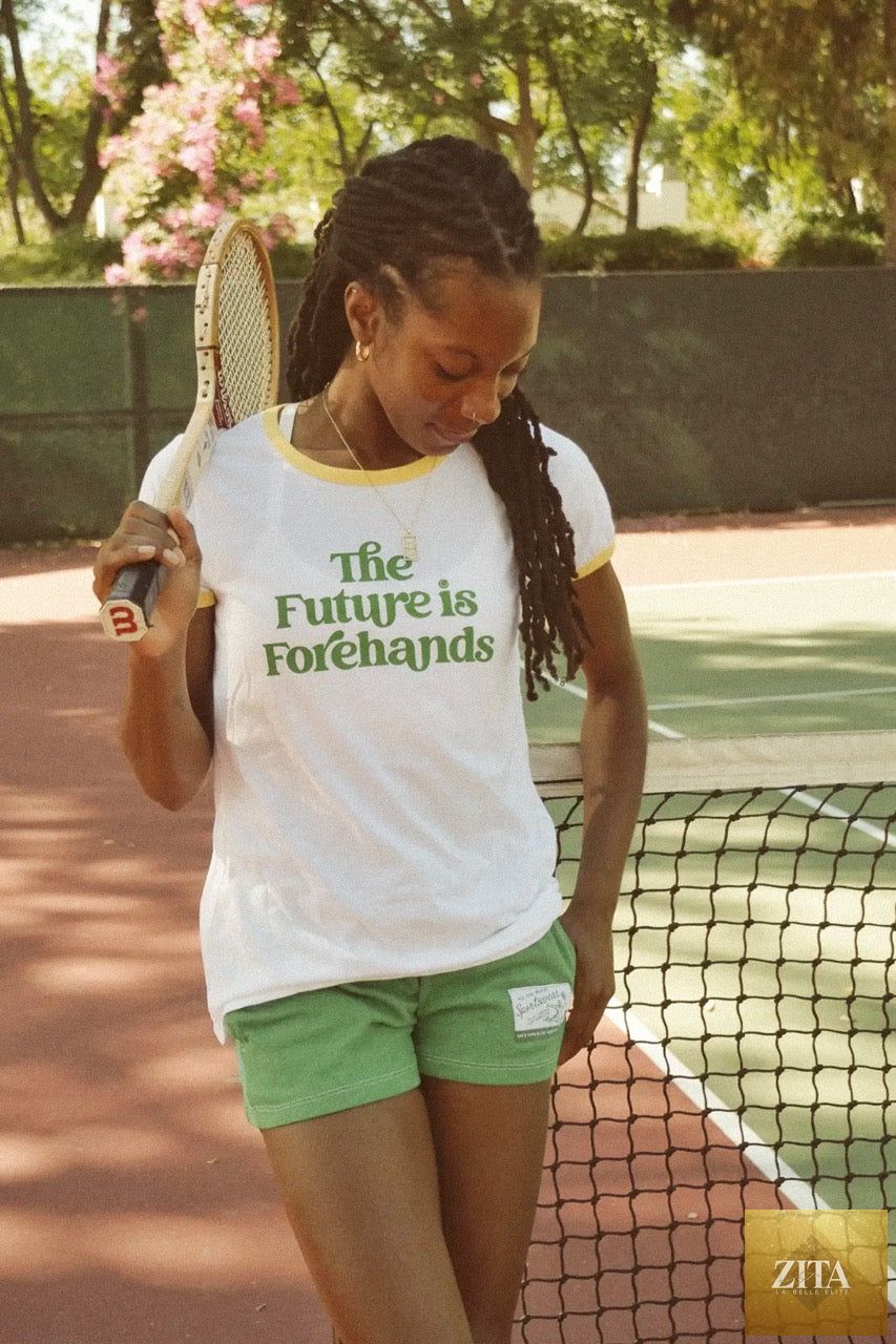 Ace The Moon The Future is Forehands Ringer Tee, a new short sleeve graphic t-shirt with a bold design and vibrant colors.