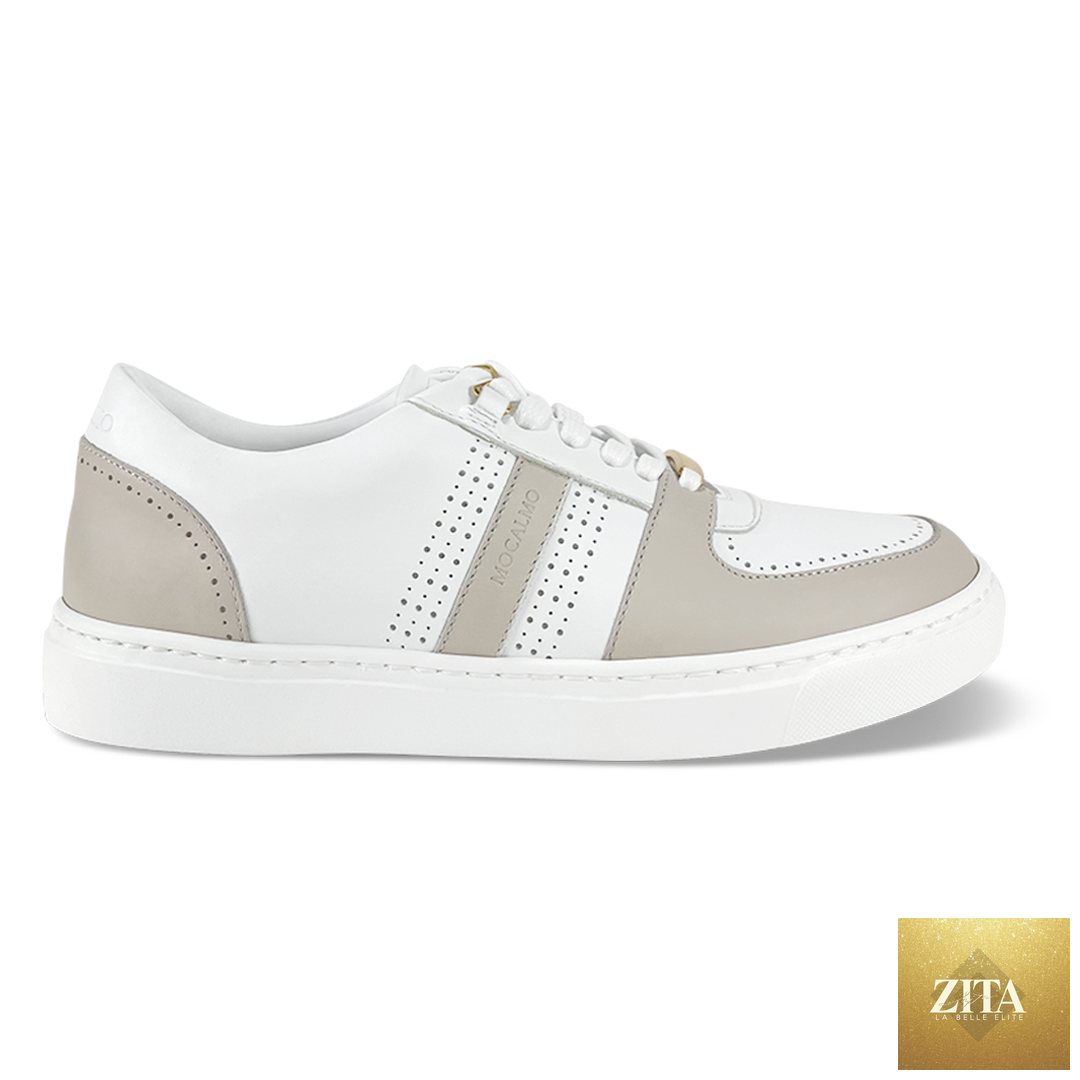 Side view of women's MOCALMO Norma sneakers in ivory and gray with stylish design and comfortable fit.