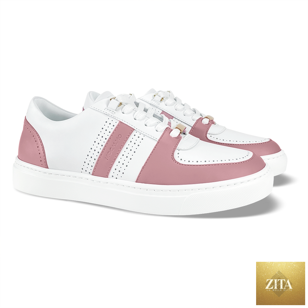 Women's MOCALMO Norma rose pink sneakers shown from an angled view, featuring a stylish design and comfortable fit.