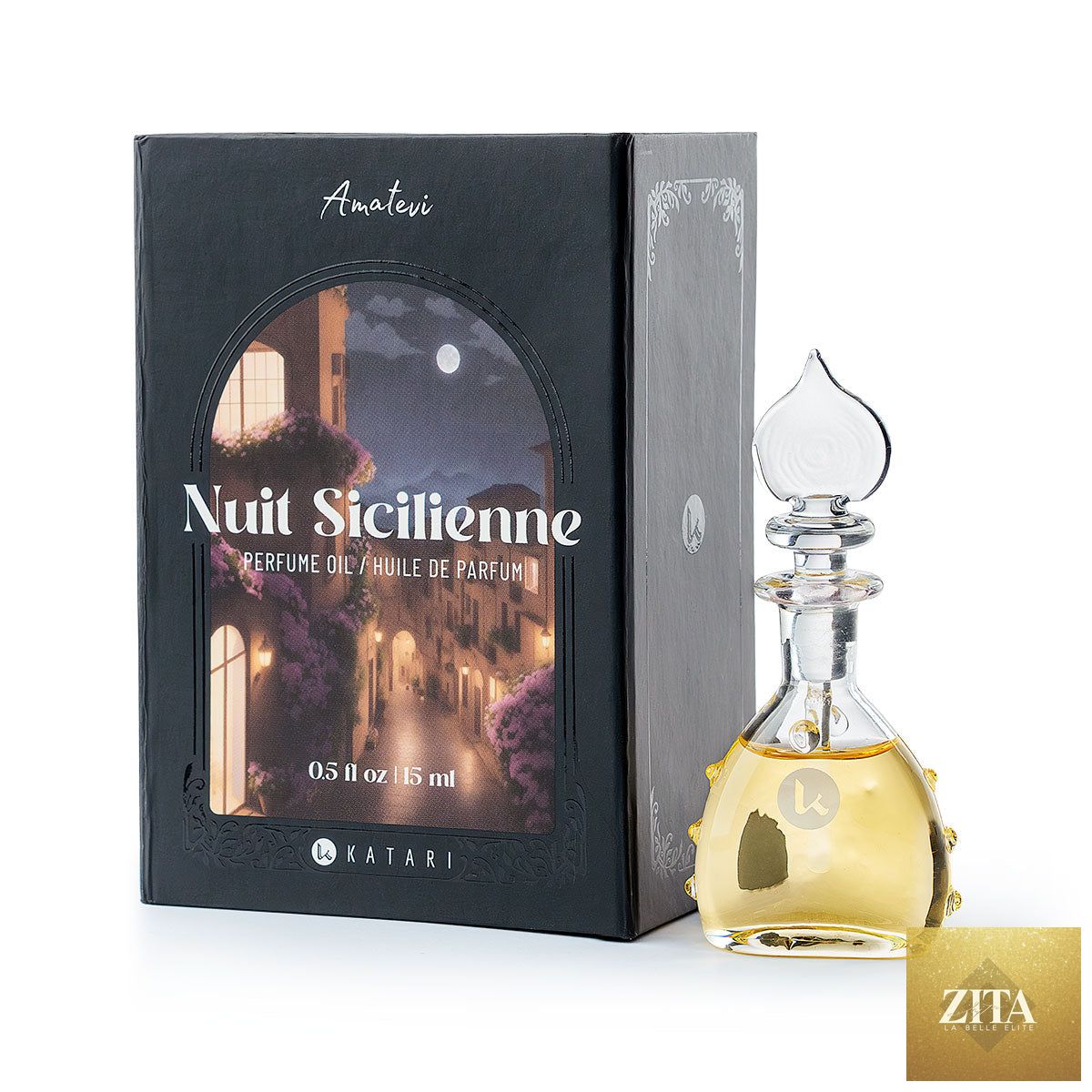 Katari Beauty Nuit Sicilienne oil perfume bottle with elegant design and floral accents on a white background