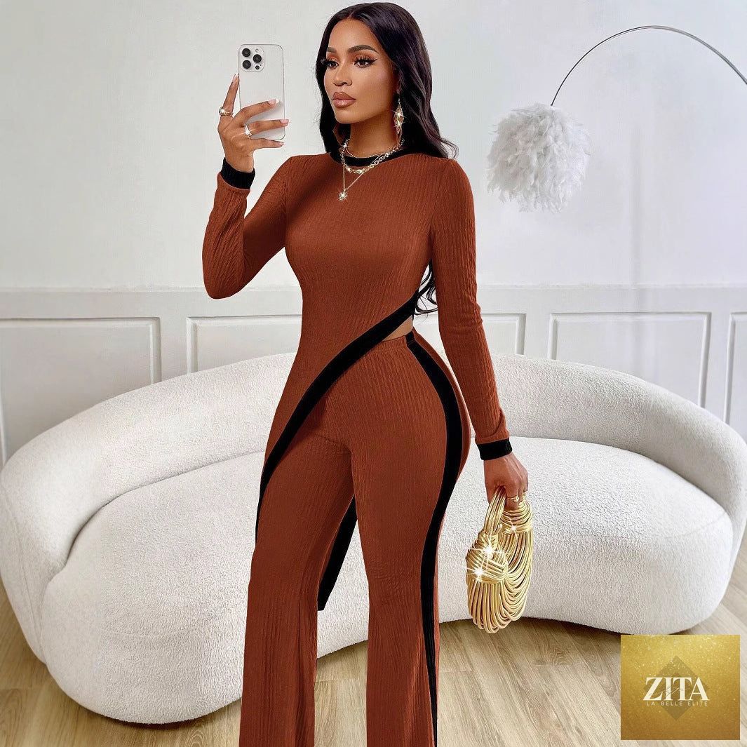 Women’s fall long sleeve t-shirt and trousers two-piece set with contrast color stitching, from Wanita Store.