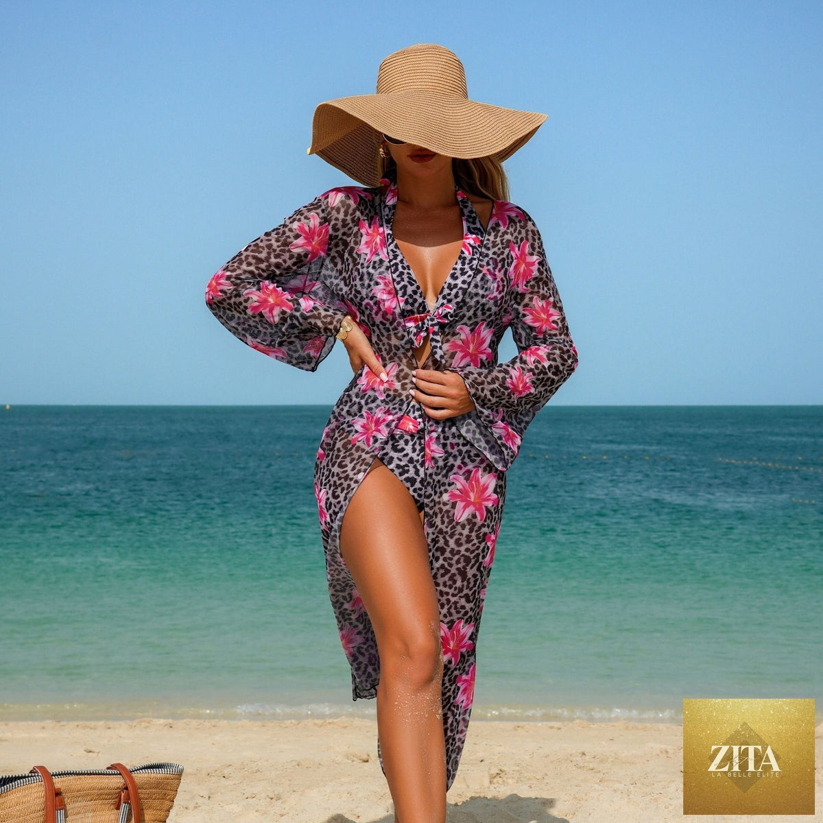 Bella Mia floral bikini with long sleeve leopard print swimwear, includes two-piece and three-piece sets, perfect for beach or pool.