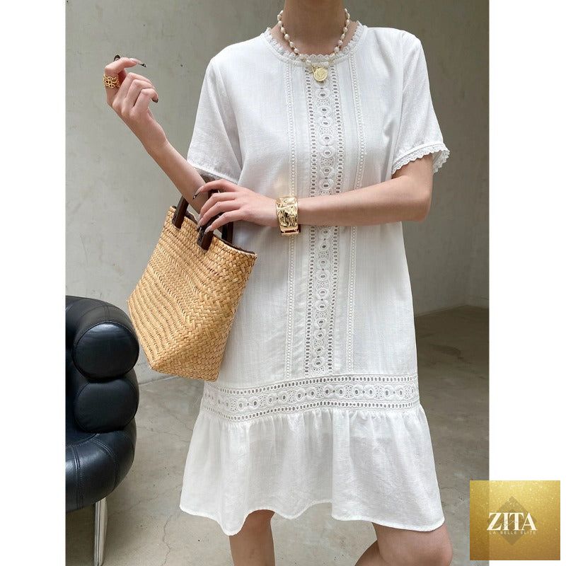 Bella Mia Sinan First Love French dress with lace embroidery, Tencel Lyocell fabric, hollow out cutout design, small size.