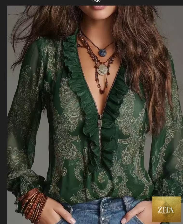 Romantic Boh deep V plunge neck paisley ruffled chiffon shirt in soft fabric, stylish and flowy design for casual or dressy occasions.
