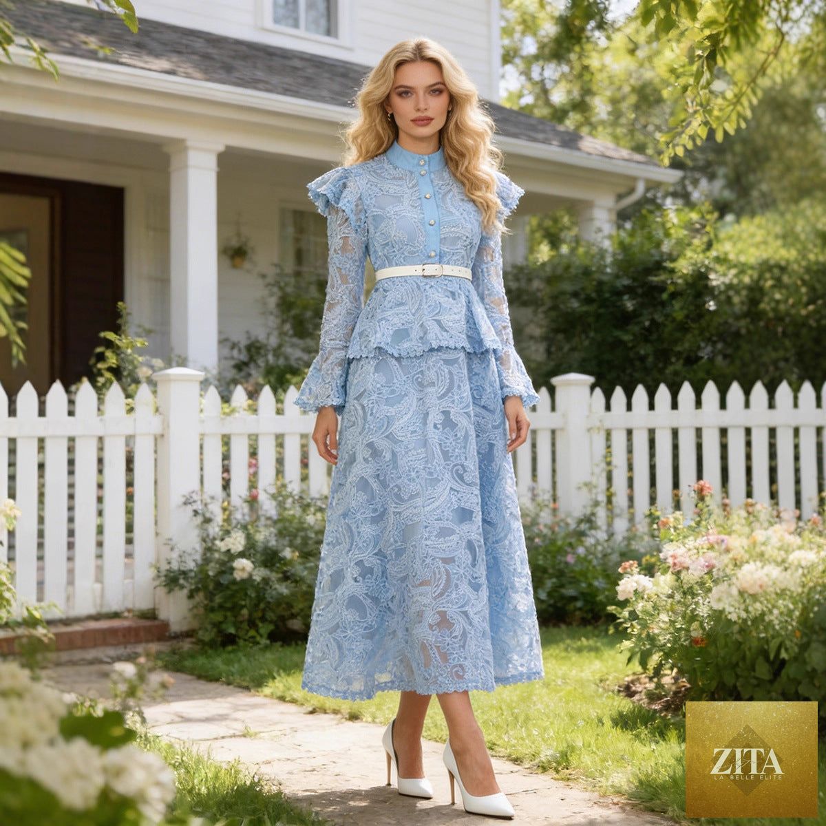 Elegant women's dress by Zita La Belle Elite featuring French cutout lace stitching, slim waist, and spring-ready style.