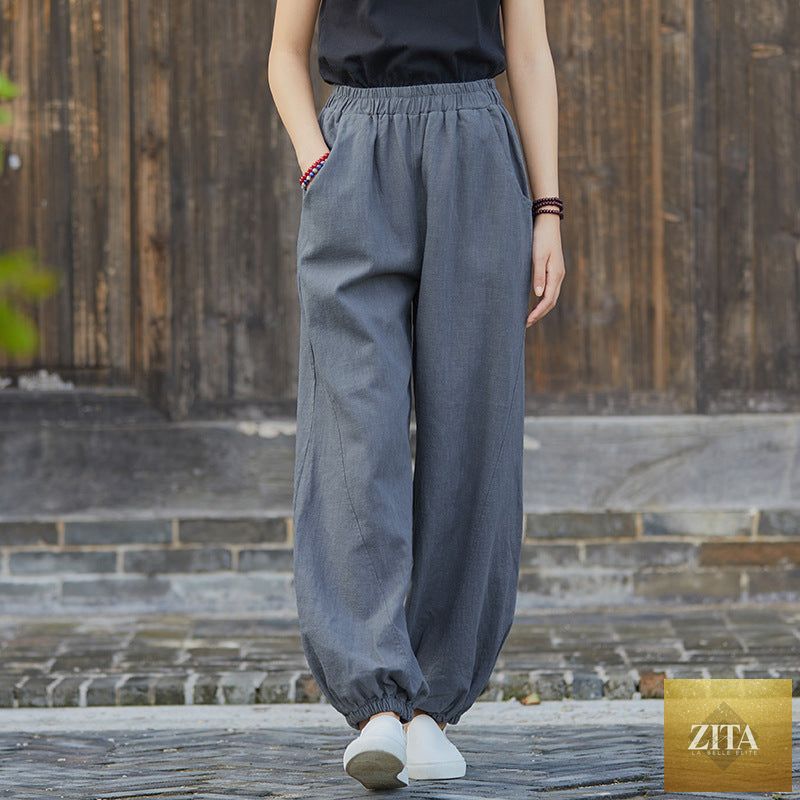 Spring summer cotton linen women’s casual trousers with stone wash finish, featuring bamboo and ramie fabric for a relaxed look.
