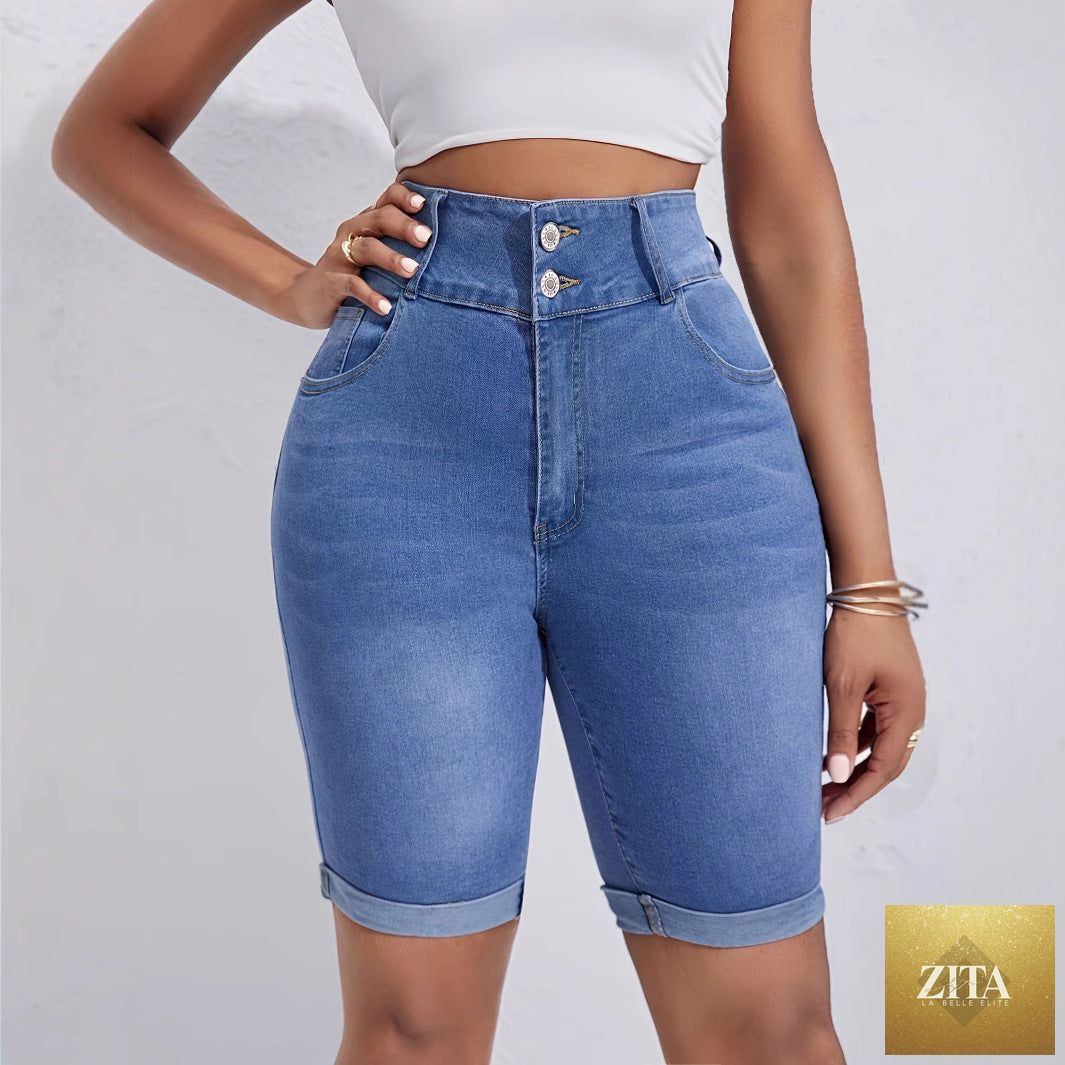 Ladies high waist double buckle denim shorts with curling stretch fabric and cycling style, showcasing front view.