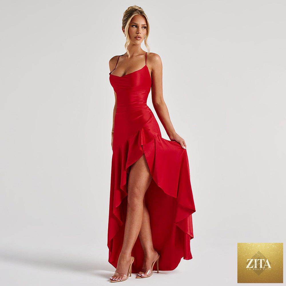 Elegant satin long skirt with suspender details, high slit, ruffle accents, perfect for women’s evening dress by Trendy Attic Store.