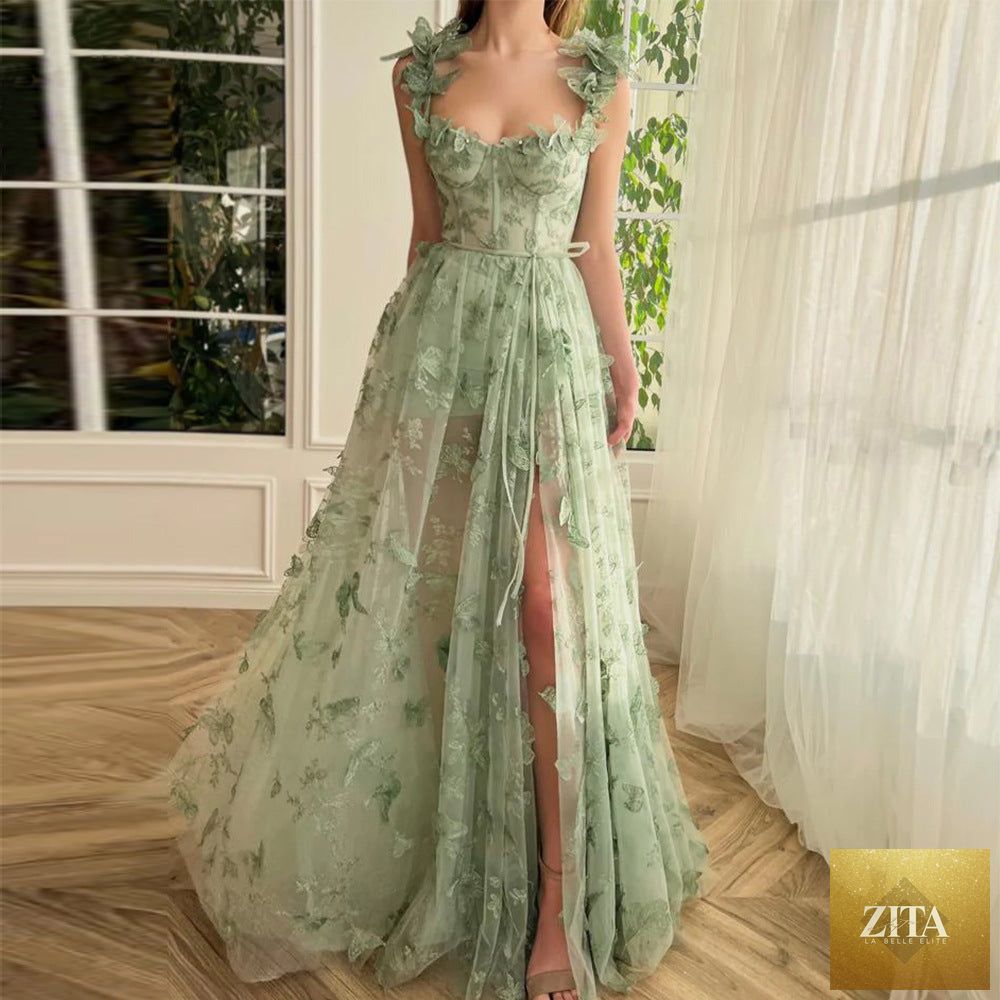 Elegant spaghetti strap flower fairy gown by SHOMICOBOUTIQUE featuring a high-end banquet evening dress with floral details.