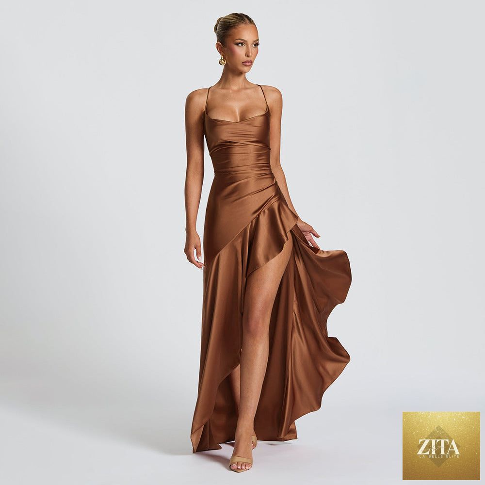 Elegant satin long skirt with suspender straps and high slit, perfect for women’s evening dress, featuring ruffle details and a stylish design.