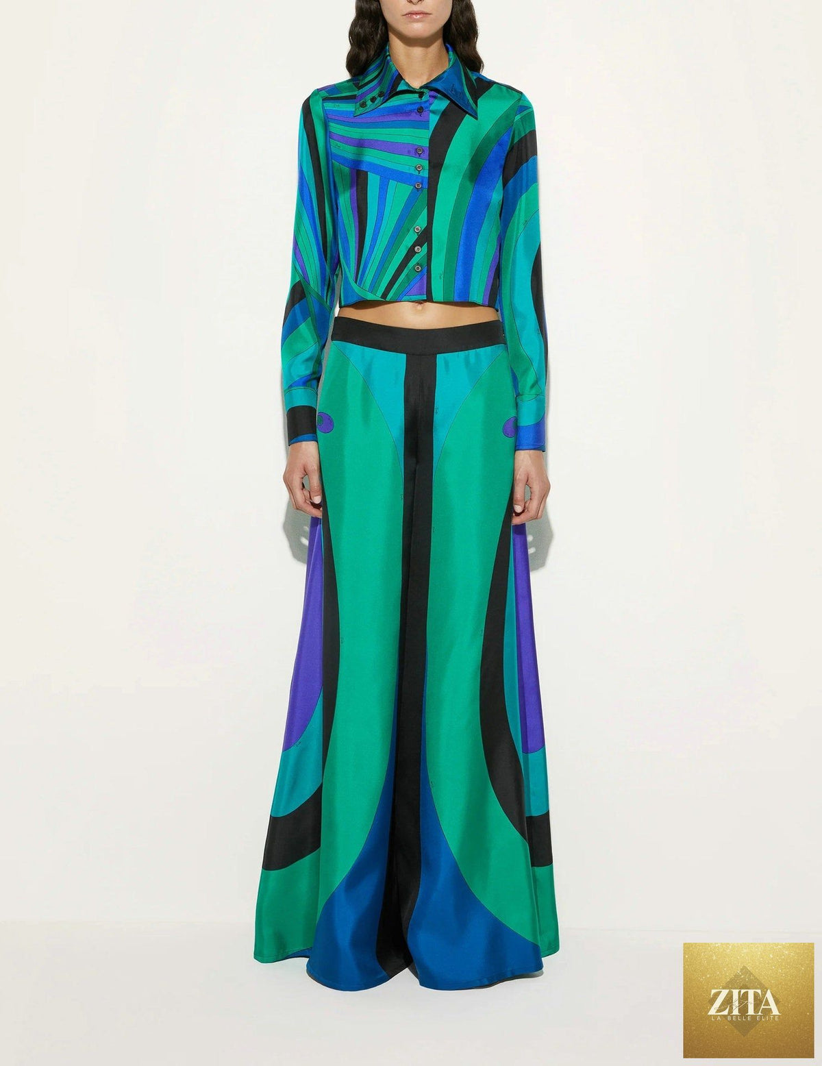 Wanita Store satin long sleeve shirt and wide-leg trousers two-piece set, stylish and comfortable fashion ensemble.
