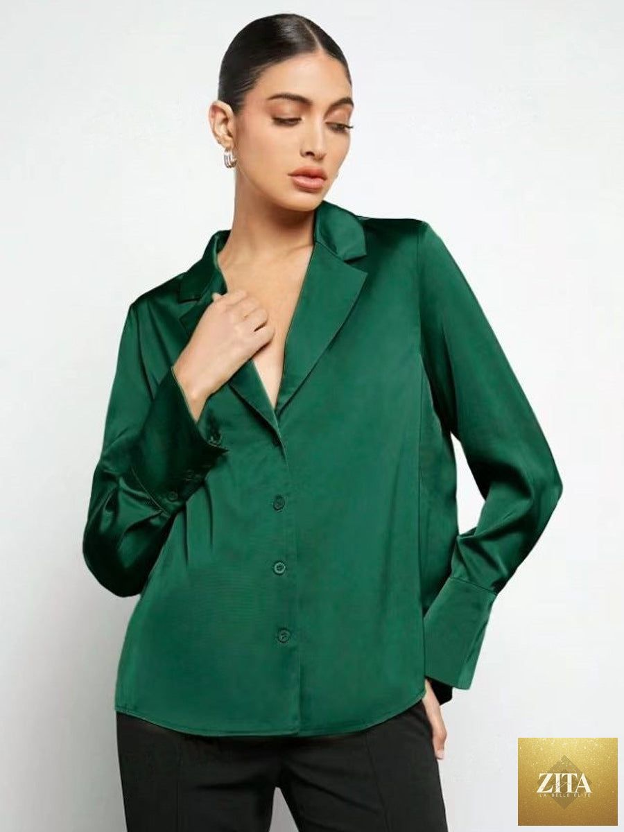 Bella Mia satin faux silk long sleeve shirt for women, minimalist spring summer top with a sleek, smooth fabric and classic fit.