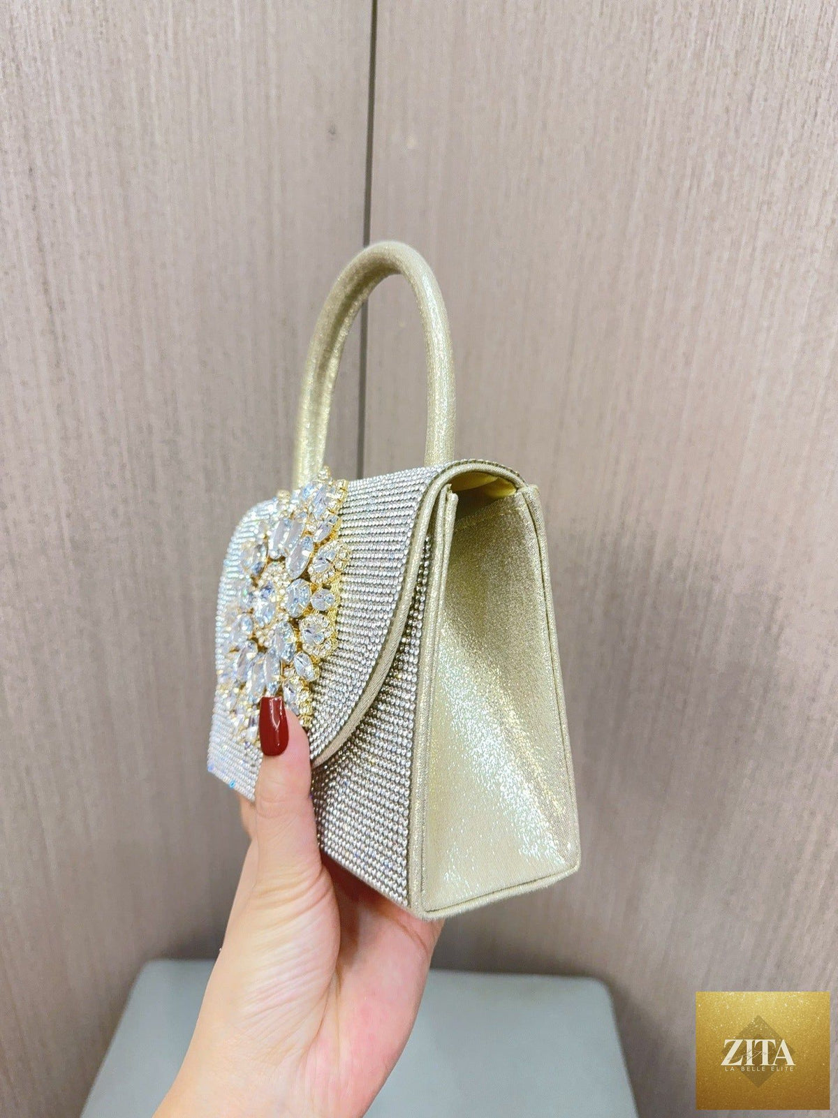 Women's sparkly rhinestone glitter clutch purse by SHOMICOBOUTIQUE, evening handbag with shoulder strap and elegant design.