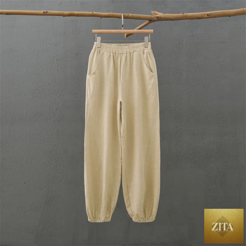 Spring summer cotton linen women's casual trousers with stone washed ramie and bamboo section, ideal for relaxed yoga and everyday wear