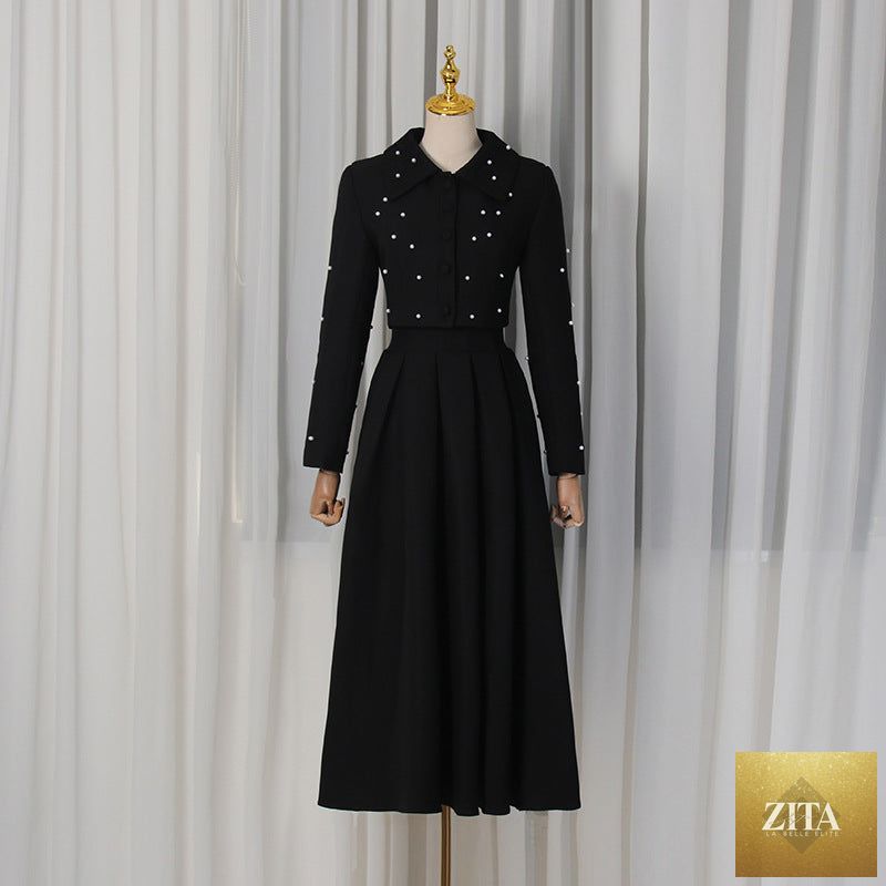Spring elegant pleated slim maxi dress with beaded collar, long sleeves, solid color, two-piece set by Zita La Belle Elite