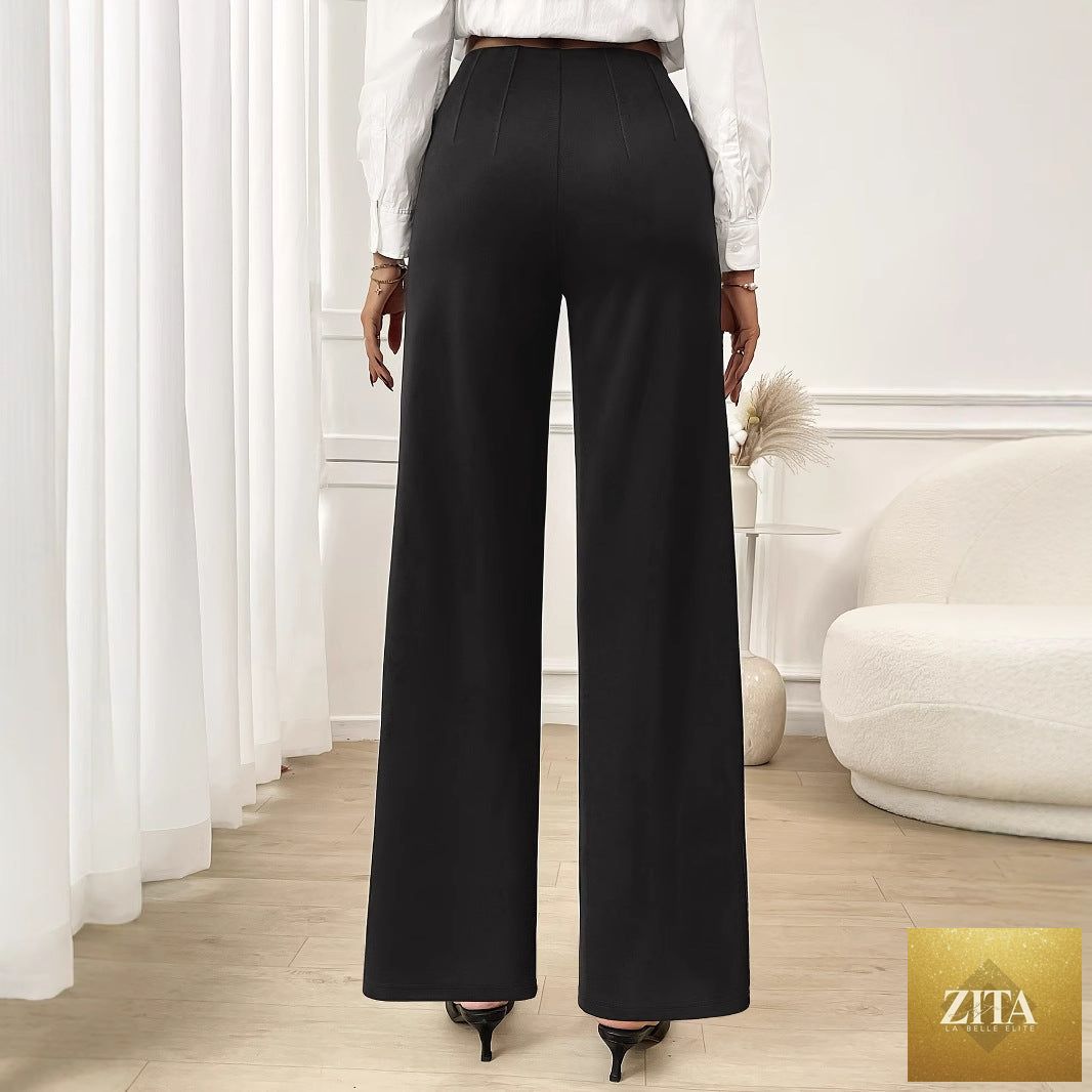 Bella Mia women's office trousers with high waist, wide-leg stretch work pants, straight fit, suitable for professional attire.
