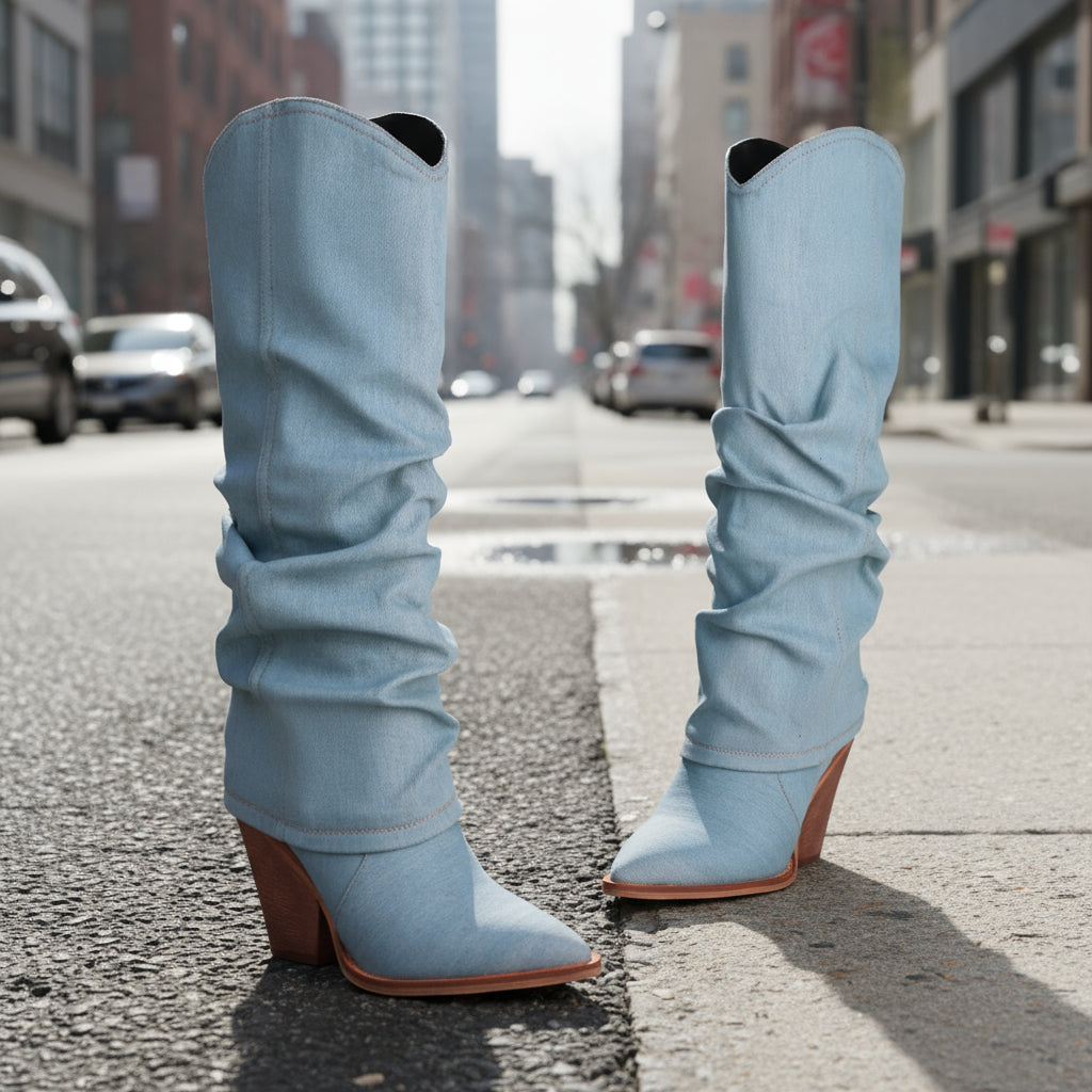 Vintage pointed-toe chunky heel high tube boots by FitiqueFit, showcasing sleek design and tall, stylish heel in black leather.