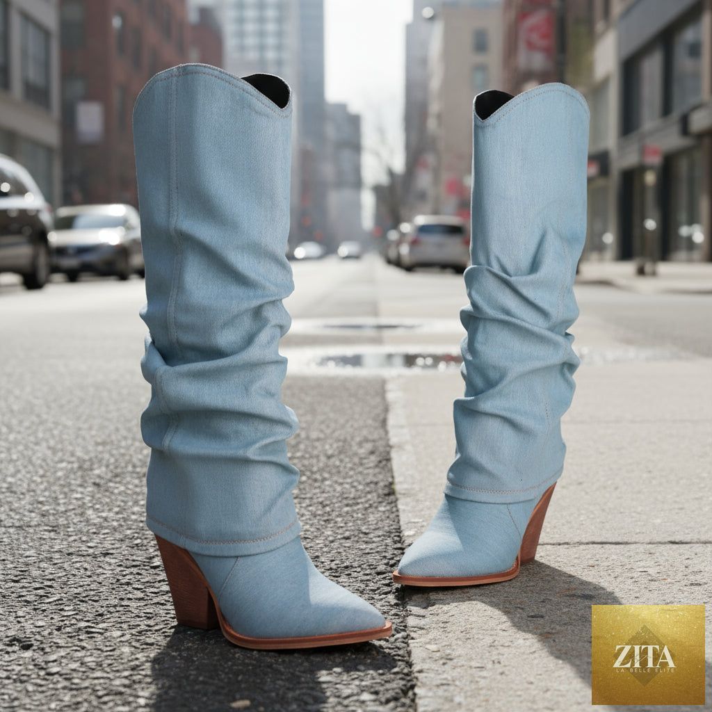 Zita La Belle Elite vintage pointed-toe chunky heel high tube boots, stylish footwear with bold statement heels.