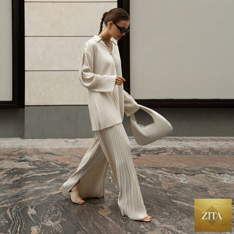 Autumn solid straight-leg pants and pleated shirt trousers set for women, casual western style from Wanita Store.