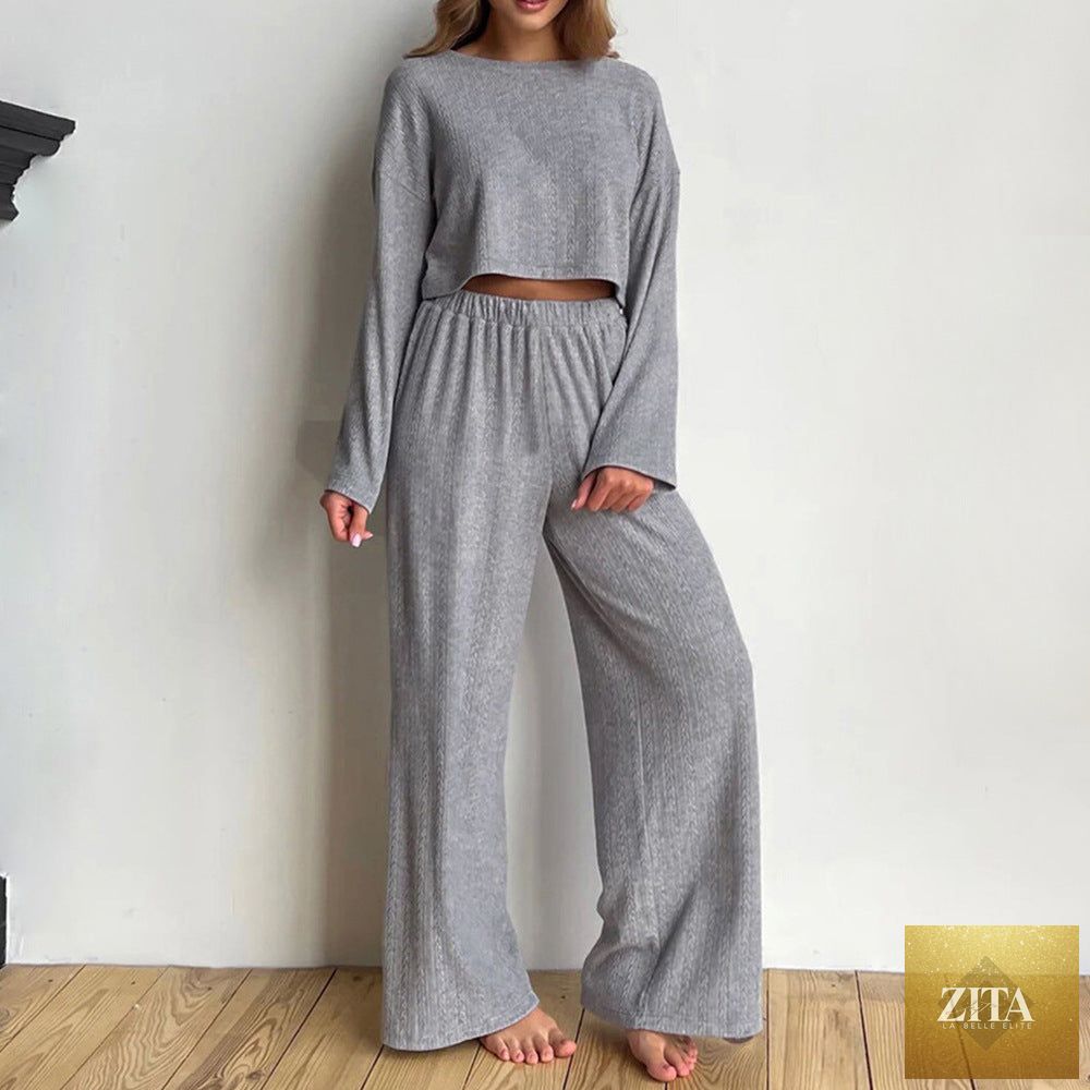 Gray long sleeve pajama trousers set with wheat jacquard pattern, cozy home wear for women by Bella Mia.
