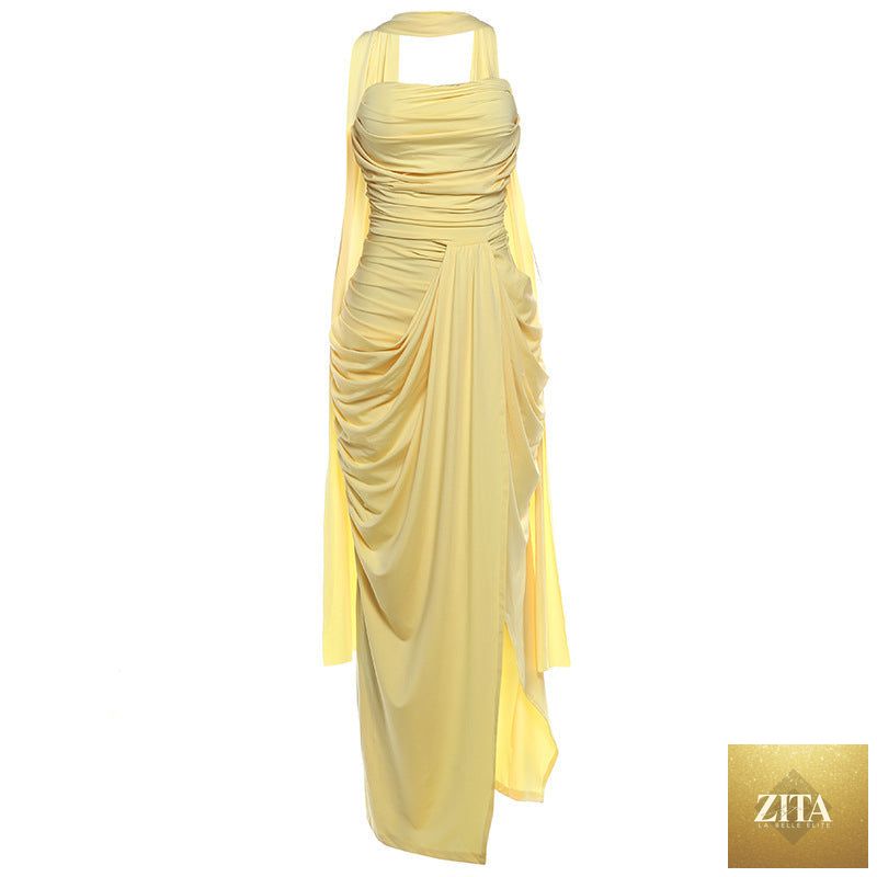 Spring Women Clothing Graceful Fashionable Slim Fit Scarf Tube Top Sexy Slit Formal Dress