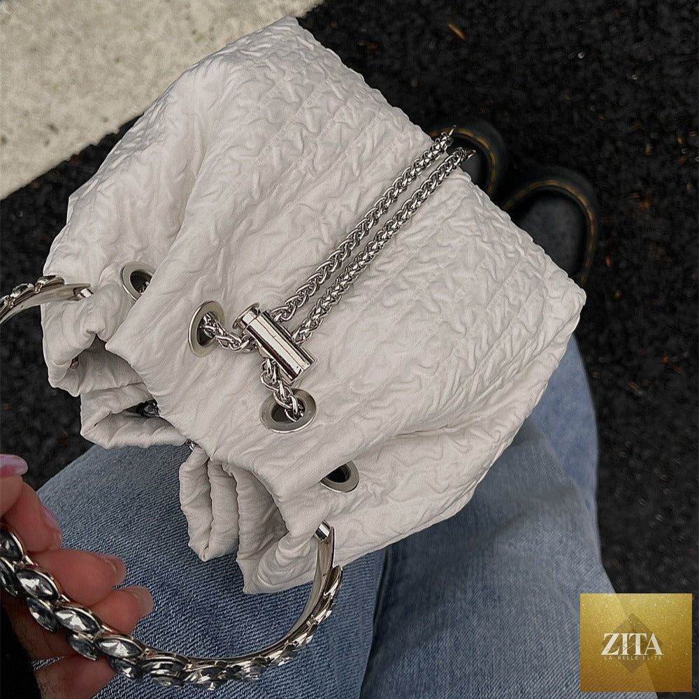 Luxury nude rhinestone chain handbag for women, evening clutch purse with drawstring and party-ready design by SHOMICOBOUTIQUE