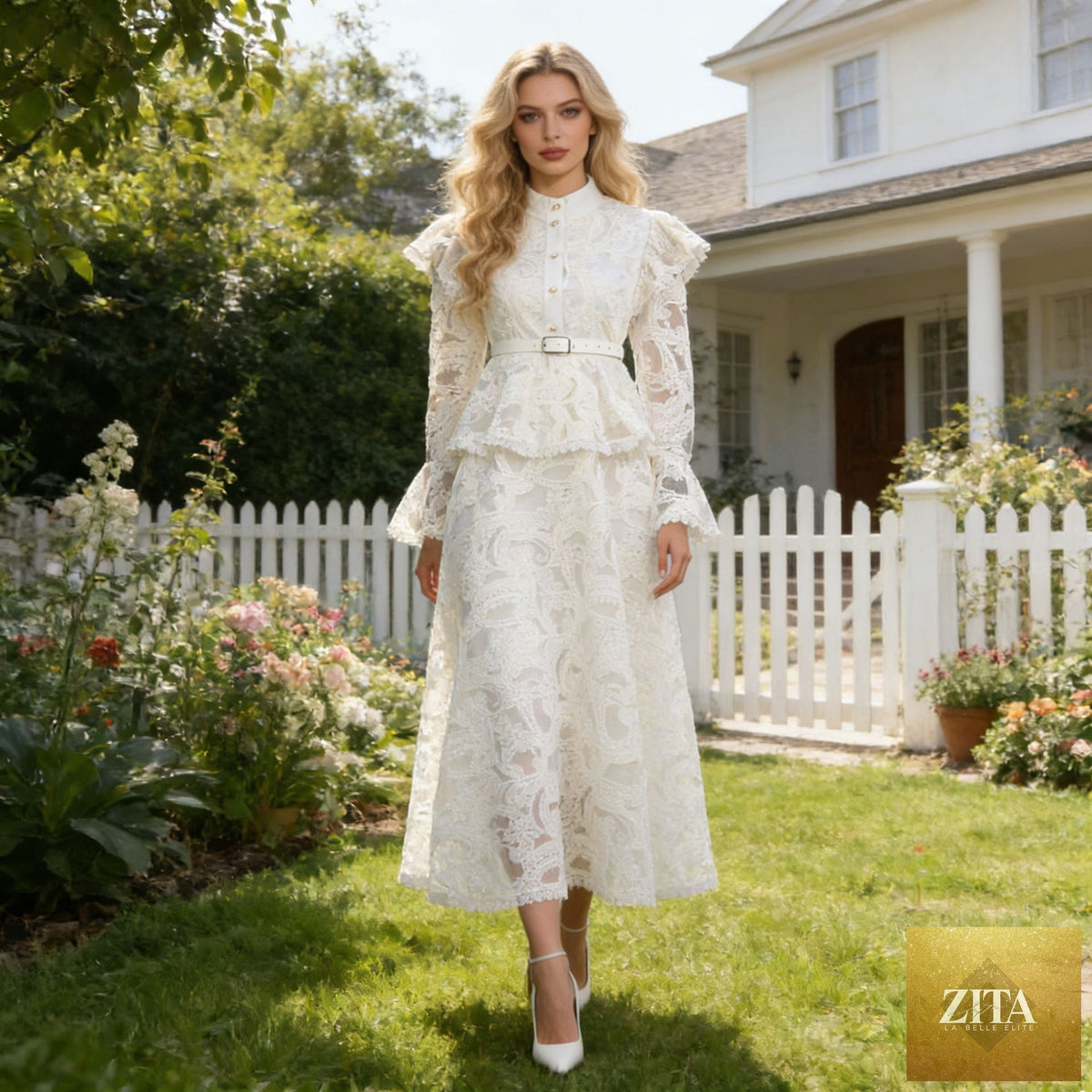 Elegant women's dress by Zita La Belle Elite featuring French cutouts, lace stitching, and a court waist for a slimming, stylish look.