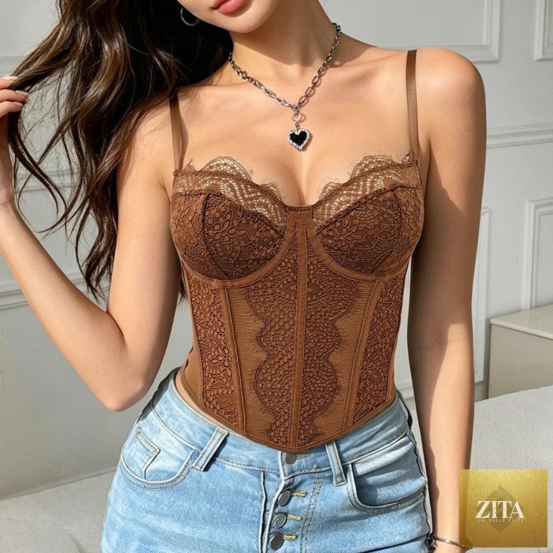 Bella Mia see-through lace corset vest with French jacquard design, boning, and stylish outerwear for sexy tops.