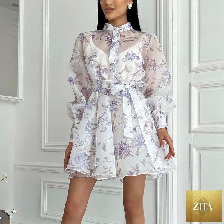 Women’s elegant long sleeve lace print A-line cami dress with stand collar, stylish and feminine from Wanita Store.