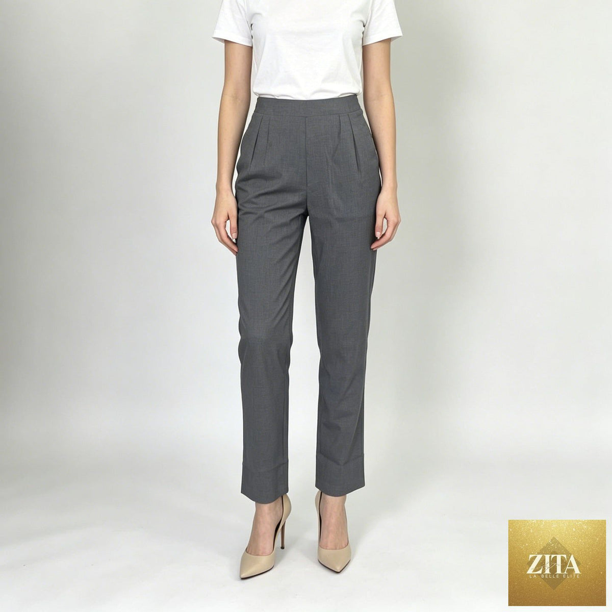 Bella Mia women's casual work pants with elastic waistband, stretch fabric, side pockets, suitable for office and casual wear.