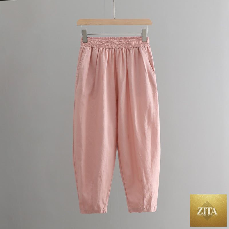 Casual cotton linen slim-fitting cropped pants for women, featuring a stylish, all-matching baggy design in light summer fabric.