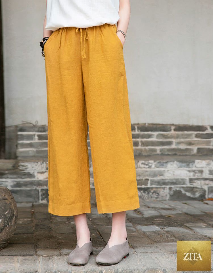 Spring summer cotton linen women's wide-leg cropped pants with washed lace-up design, casual straight fit, by Wanita Store