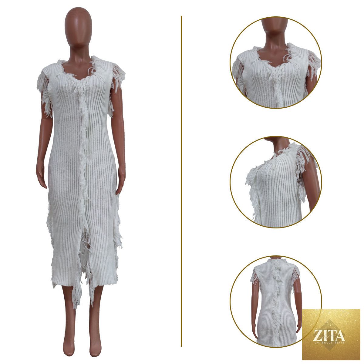 Women’s casual sleeveless knitted tassel dress by Bella Mia, solid color, stylish and comfortable for everyday wear.