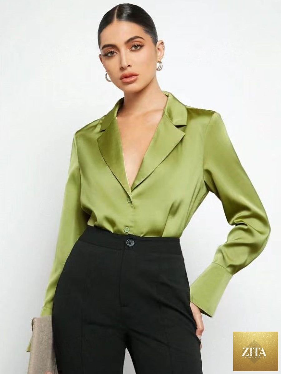 Bellamia satin faux silk long sleeve shirt for women, minimalist spring summer top with a smooth, shiny fabric and classic design