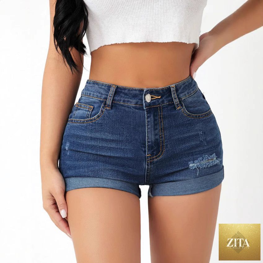 High waist elastic slim fit ripped jeans shorts for women featuring distressed details and a trendy design.