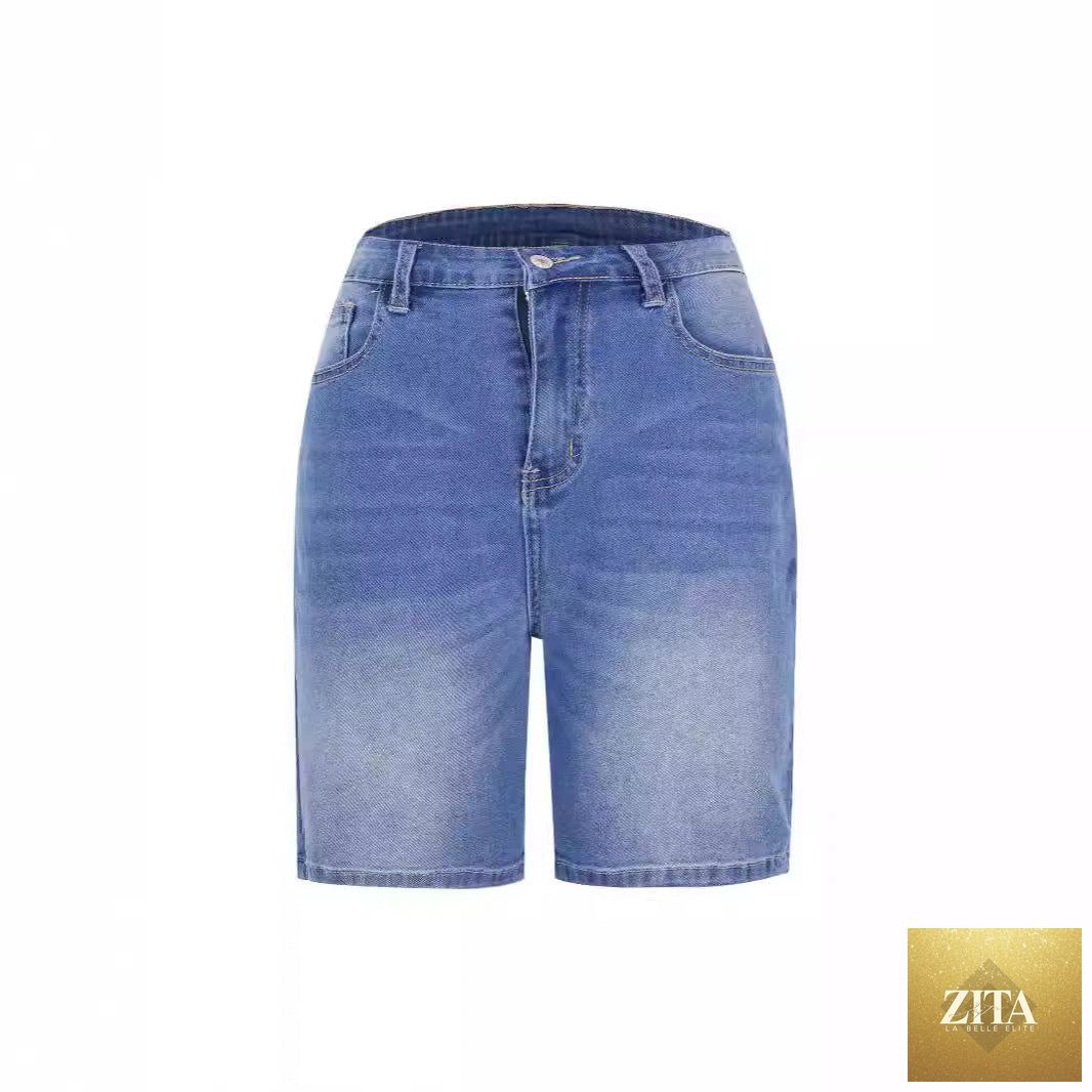 Women slim denim middle shorts with a fitted design, featuring classic blue denim fabric and casual style.