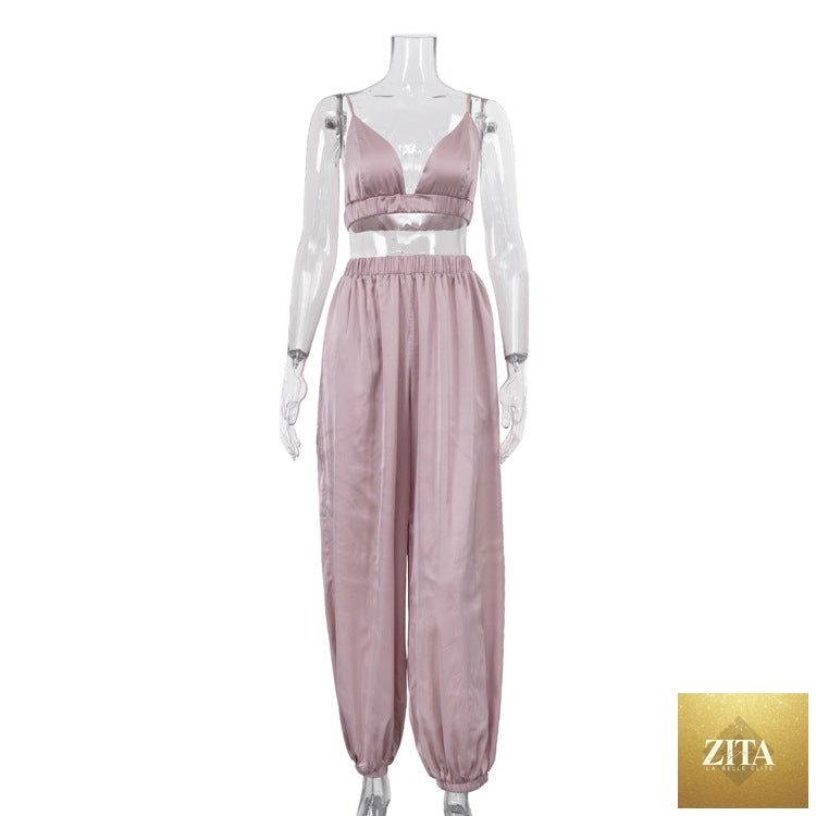 Sexy Bella Mia summer sleeveless vest and tapered trousers two-piece set, loose fit, sling style for women.