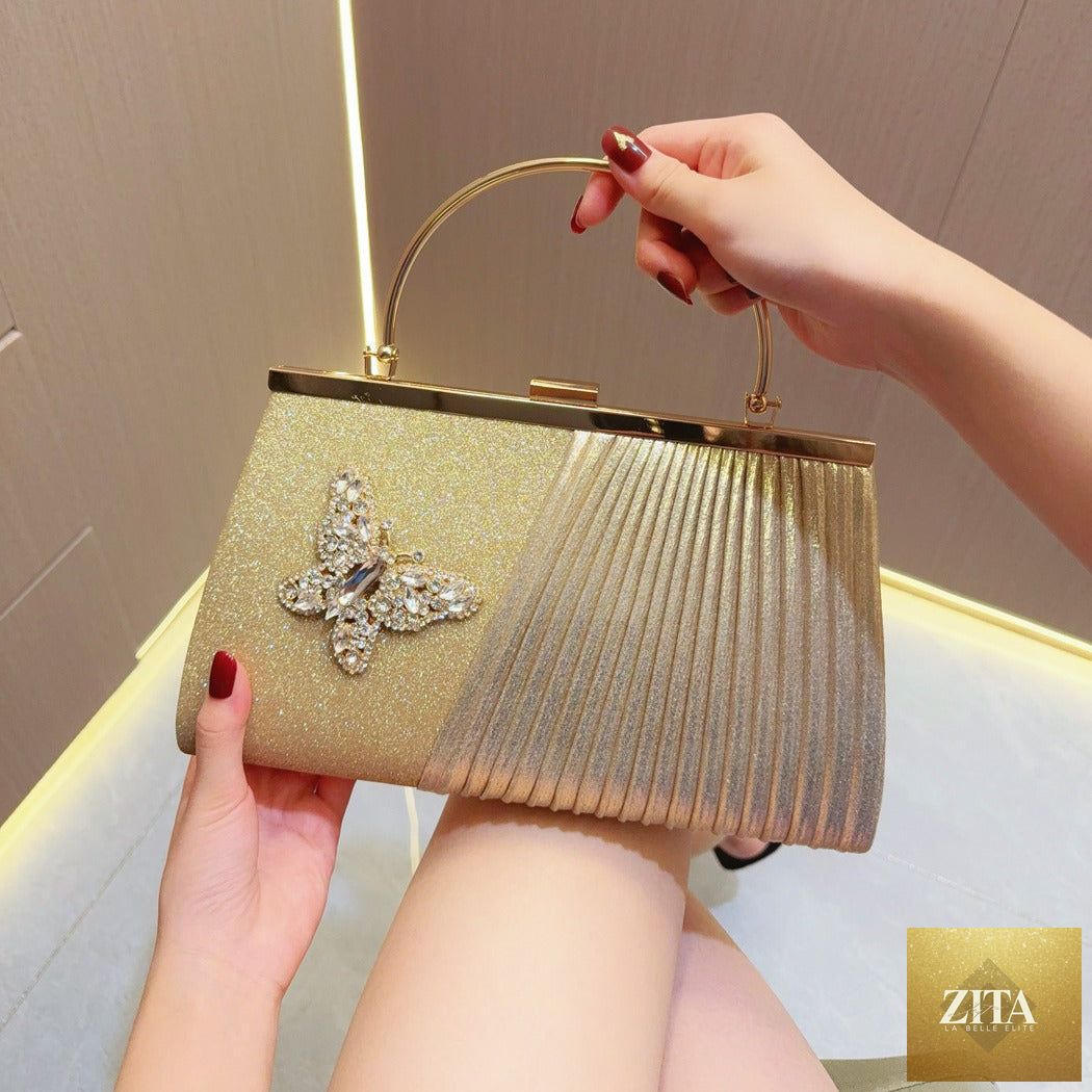 Elegant black evening handbag and clutch bag with pleated design, perfect for wedding and dinner party occasions.