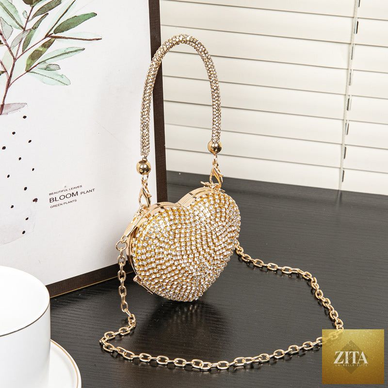 Shomicoboutique rhinestone dinner bag with mini heart shape, shiny small clutch for prom, wedding, or evening party.