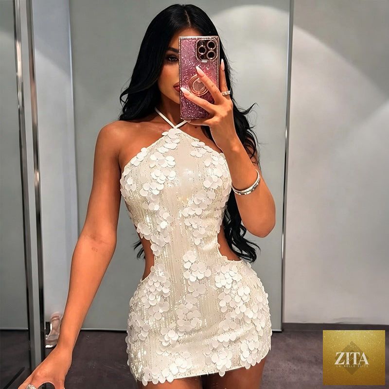 Bella Mia women's summer backless halter lace-up dress, stylish sheath dress perfect for night club fashion and evening wear.