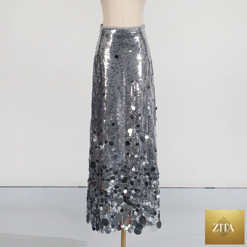 Bella Mia sequined spring skirt with slimming fit, high-grade all-match solid design, perfect for elegant occasions.