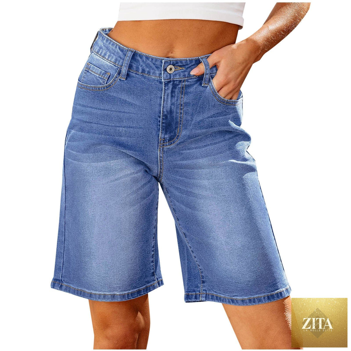 Women slim denim middle shorts featuring a fitted design, made by Wanita Store, displayed on a model.