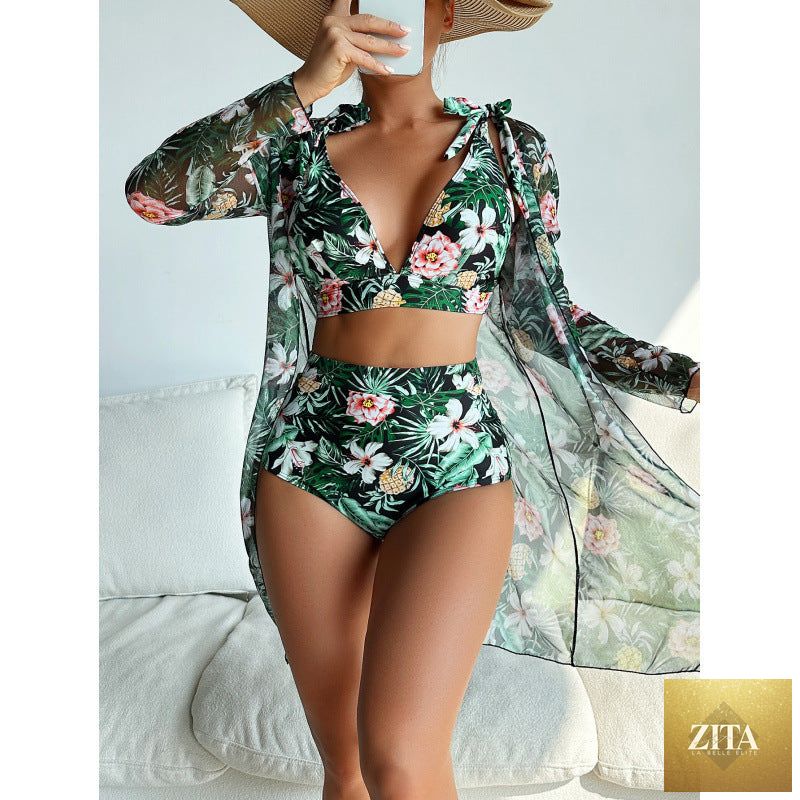 Bella Mia women’s three-piece swimwear set featuring a sexy print bikini, long-sleeved blouse, and matching swim bottoms.