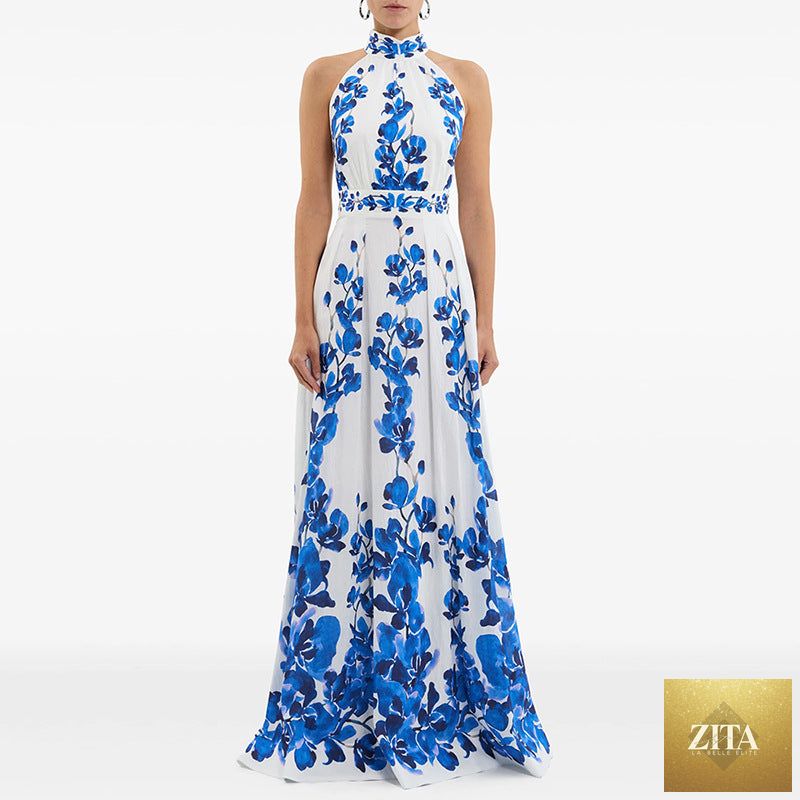 Bella Mia star printed halter maxi dress, casual spring and summer vacation dress with a relaxed fit and stylish design.