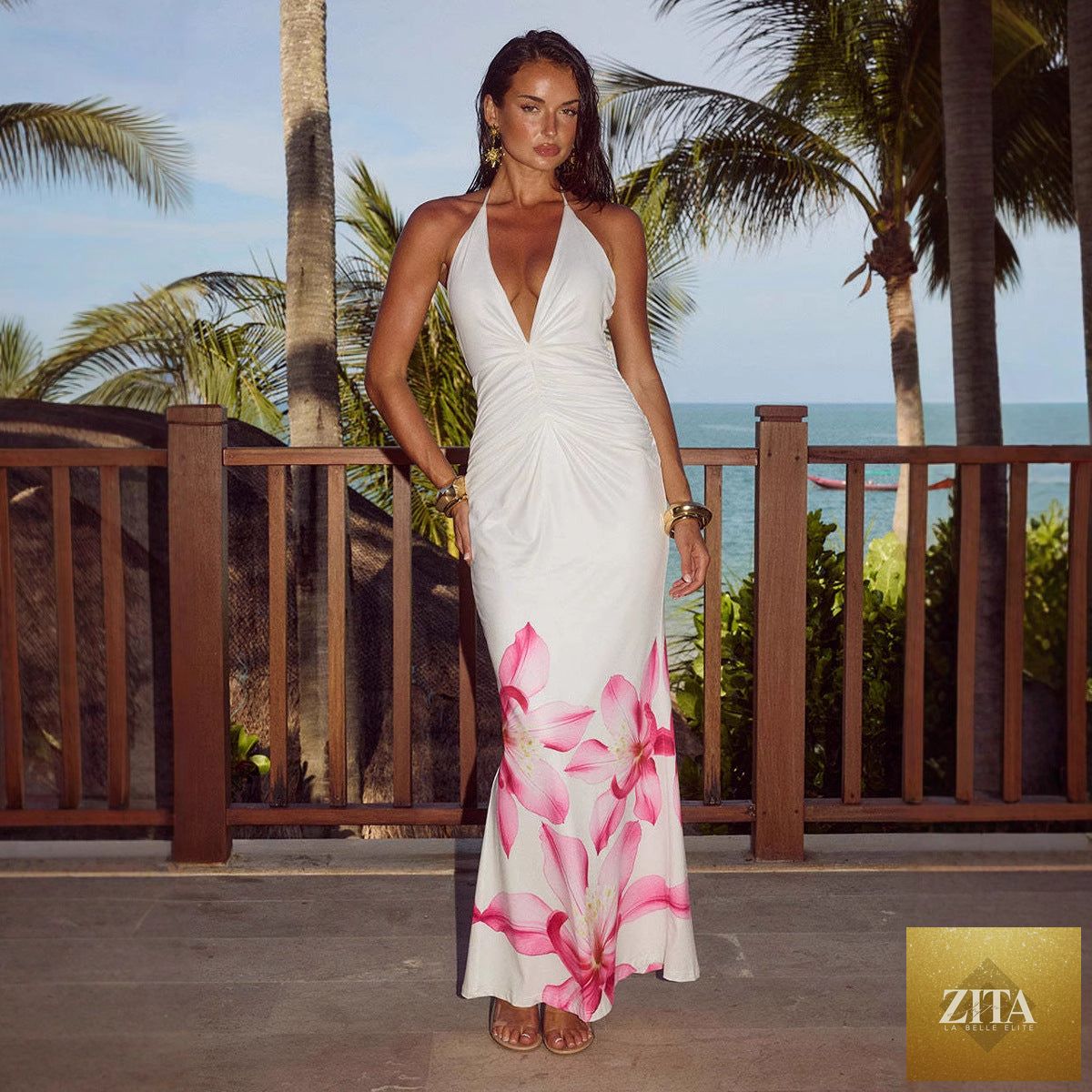 Women’s sexy sling summer dress with printed pattern, sleeveless, backless design, pleated waist, and slim fit for women.