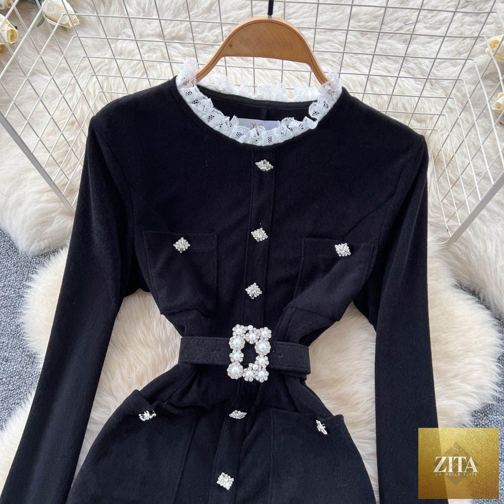 Black pearl buckle lace trim dress with tie-waist and peplum hem, elegant cocktail mini shift by SHOMICOBOUTIQUE