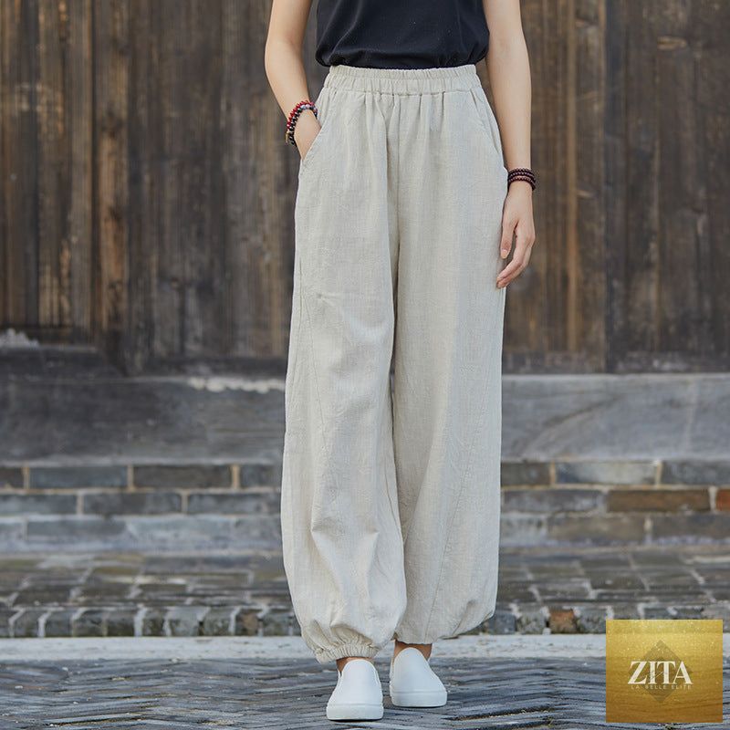 Spring summer cotton linen women's casual trousers with stone washed ramie and bamboo fabric, featuring a relaxed fit and comfortable style.