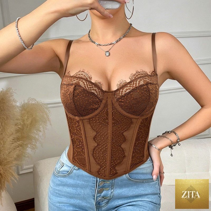 Bella Mia see-through lace bra top with French jacquard design, boning corset vest, stylish and sexy outerwear for women.